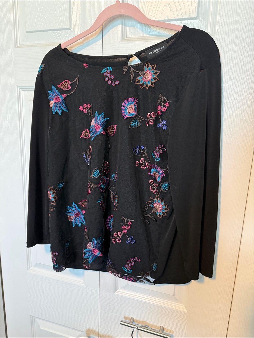 Liz Claiborne Black Long-Sleeve Tunic with Blue & Pink Floral Embroidery